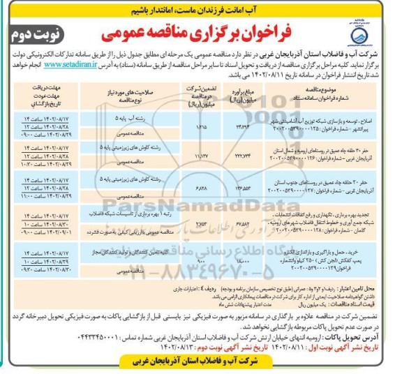 مناقصه اصلاح،توسعه و بازسازی شبکه توزیع آب آشامیدنی....- نوبت دوم