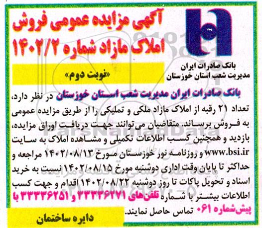 مزایده فروش تعداد 21 رقبه از املاک مازاد ملکی و تملیکی ـ نوبت دوم