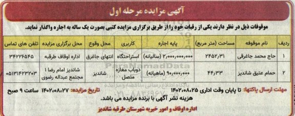 مزایده اجاره  یکی رقبات 
