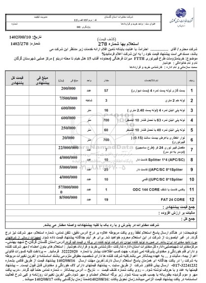 استعلام خرید ملزومات طرح فیبر نوری FTTH میراث فرهنگی ...