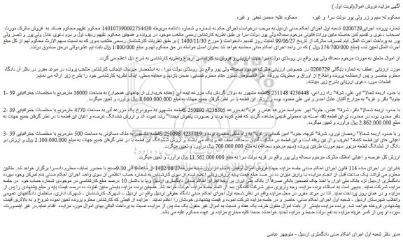 مزایده فروش زمین قطعه مشهور به دولان گردش یک مزرعه نیمه آبی (حقابه خریداری از چاههای همجوار) به مساحت 16000 مترمربع