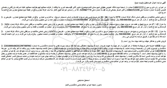 مزایده فروش سرقفلی شش دانگ غرفه شماره 3379 به متراژ 86 / 30 متر مربع (سی متر مربع و هشتاد و شش دسیمتر مربع) 