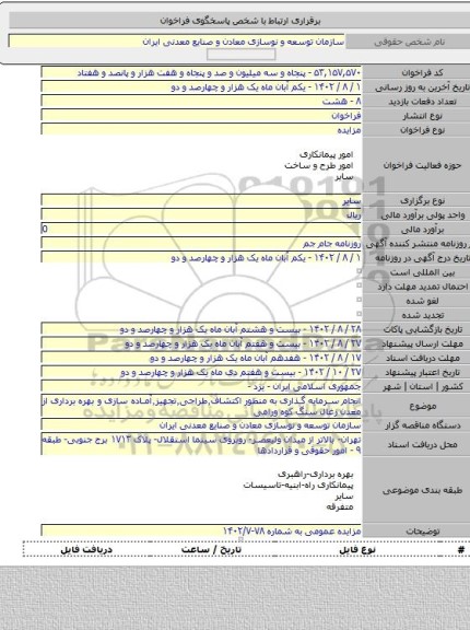 مزایده, انجام سرمایه گذاری به منظور اکتشاف٬طراحی٬تجهیز٬آماده سازی و بهره برداری از معدن زغال سنگ کوه ورامی