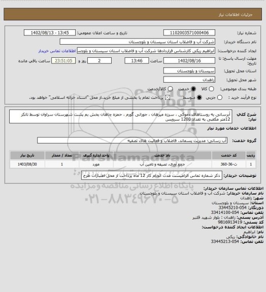 استعلام آبرسانی به روستاهای دموکی ، سرزه میرهان ، جورانی گورم ، حمزه چاهان بخش بم پشت شهرستان سراوان توسط تانکر 12متر مکعبی به تعداد 1200 سرویس
