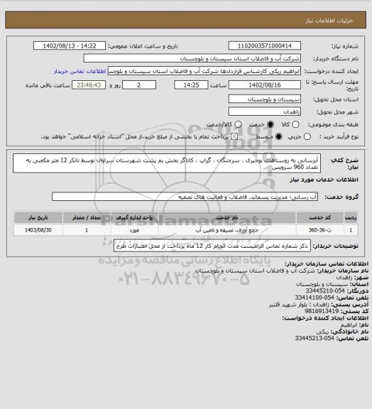 استعلام آبرسانی به روستاهای بوجیری ، سرجنگان ، گراپ ، کاتاگر بخش بم پشت شهرستان سراوان توسط تانکر 12 متر مکعبی به
تعداد 960 سرویس