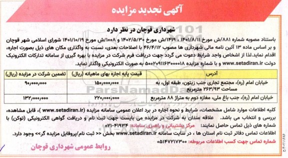 تجدید مزایده اجاره اماکن شامل طبقه اول مجتمع تجاری و مغازه جنب باغ ملی
