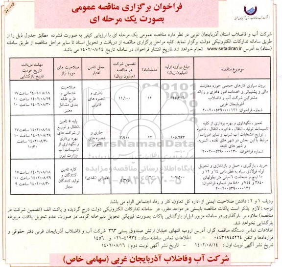 فراخوان برگزاری مناقصه عمومی برون سپاری کارهای حجمی حوزه معاونت مالی و پشتیبانی....