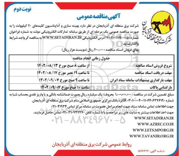 مناقصه بهینه سازی و آداپتاسیون کلیدهای 20 کیلوولت  ـ نوبت دوم