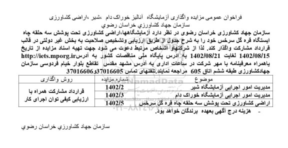 فراخوان عمومی مزایده واگذاری آزمایشگاه آنالیز خوراک دام، شیر، اراضی کشاورزی