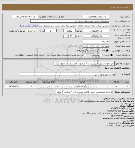 استعلام خرید مواد غذایی طبق پیوست / در صورت عدم کیفیت مرجوع میگردد