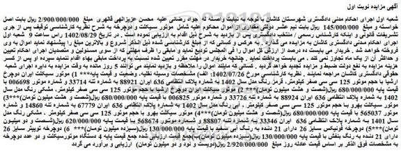 مزایده فروش موتور سیکلت ایران دوچرخ ارشیا با حجم موتور 125 سی سی صفر کیلومتر، قرمز رنگ مدل سال 1402  و...