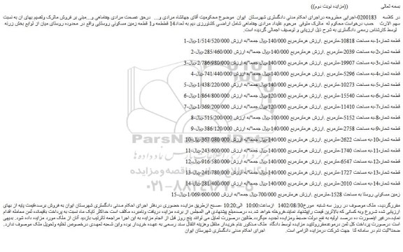 مزایده فروش اراضی کشاورزی دیم به تعداد14 قططعه و1 قطعه زمین مسکونی روستایی