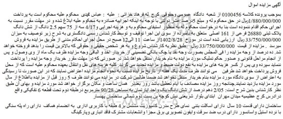 مزایده فروش 4/17 سه از 75 سهم 2.5 دانگ از شش دانگ  پلاک ثبتی 26880 فرعی از 161 اصلی 