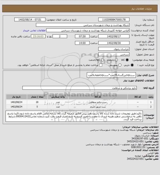 استعلام ستcvpبزرگسال20عدد*ستcvpاطفال5عدد