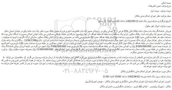 مزایده فروش  ششدانگ یک باب مغازه تحت پلاک ثبتی 510 فرعی از 5 اصلی 