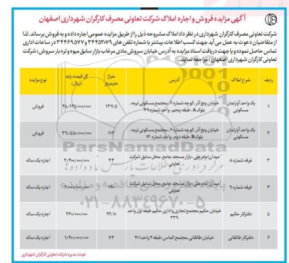 آگهی مزایده فروش و اجاره املاک شرکت ت