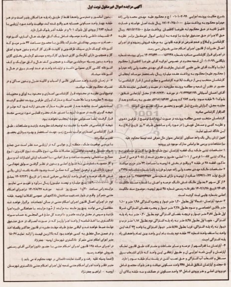 مزایده فروش ششدانگ یک قطعه آپارتمان نوع ملک طلق با کاربری مسکونی به پلاک ثبتی 10087