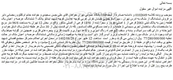 مزایده فروش ششدانگ از ملک