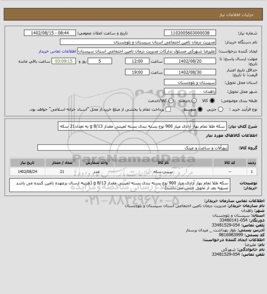 استعلام سکه طلا تمام بهار آزادی عیار 900 نوع بسته بندی بسته لمینتی مقدار 8/13 g به تعداد21 سکه