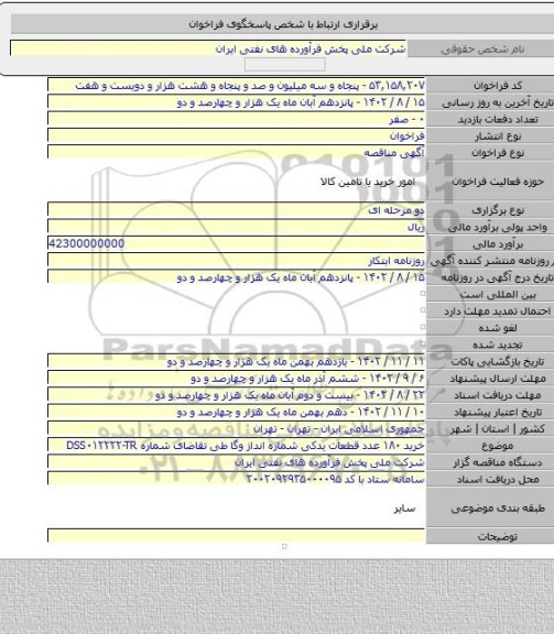 مناقصه, خرید ۱۸۰ عدد قطعات یدکی شماره انداز وگا طی تقاضای شماره DSS۰۱۲۲۲۲-TR