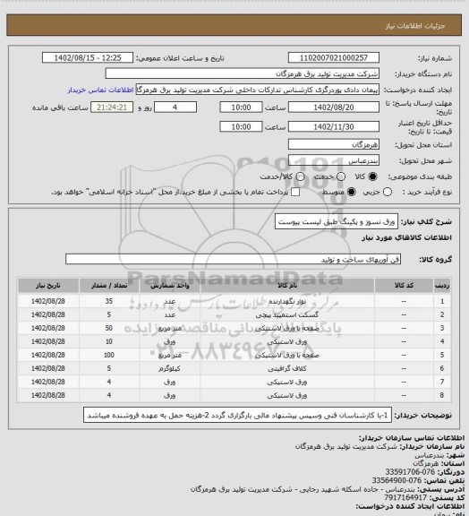 استعلام ورق نسوز و پکینگ طبق لیست پیوست