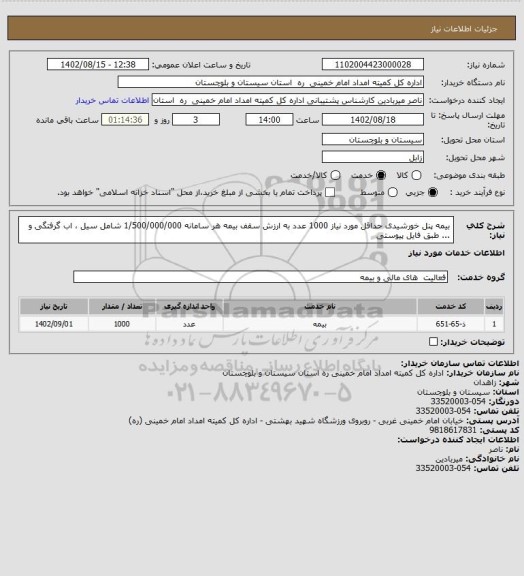 استعلام بیمه پنل خورشیدی حداقل مورد نیاز 1000 عدد به ارزش سقف بیمه هر سامانه 1/500/000/000 شامل سیل ، اب گرفتگی و ... طبق فایل پیوستی