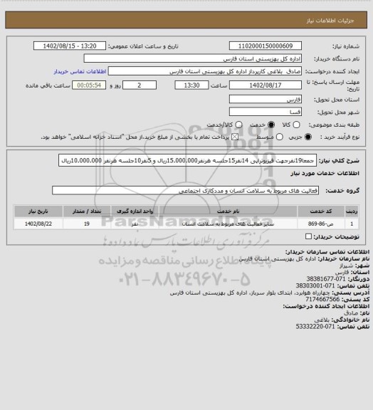 استعلام جمعا19نفرجهت فیزیوتراپی 14نفر15جلسه هرنفر15.000.000ریال و 5نفر10جلسه هرنفر 10.000.000ریال