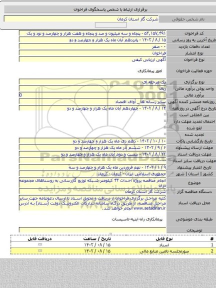مناقصه, انجام مناقصه پروژه احداث ۴۳ کیلومتر شبکه توزیع گازرسانی به روستاهای مجموعه دران