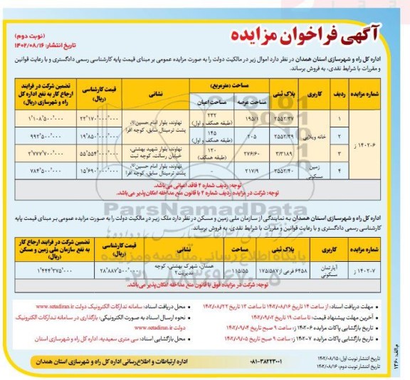 مزایده فروش خانه ویلایی و زمین مسکونی و آپارتمان- نوبت دوم