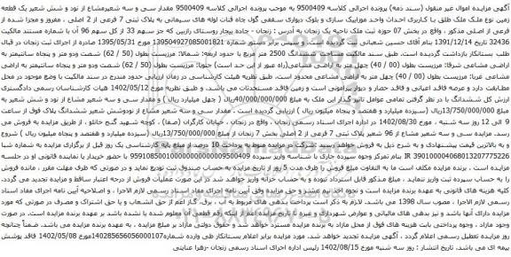 آگهی مزایده یک قطعه زمین نوع ملک ملک طلق با کاربری احداث واحد موزاییک سازی و بلوک دیواری سقفی