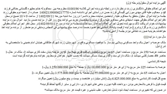 مزایده ملک عرصه و اعیان یک واحد مسکونی ویلایی نیم ساز
