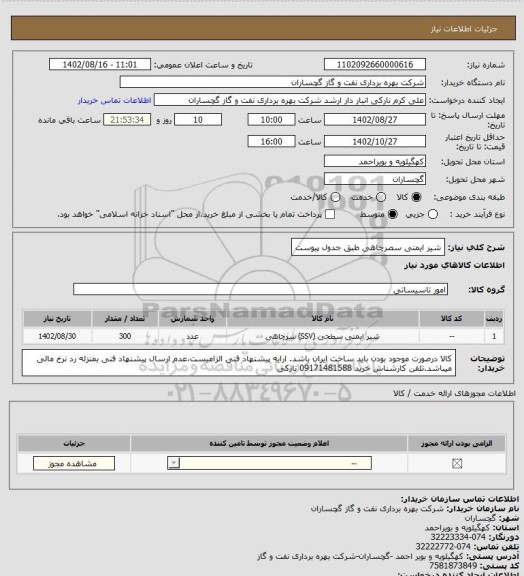 استعلام شیر ایمنی سصرچاهی طبق جدول پیوست