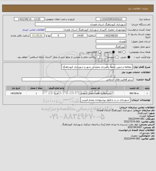 استعلام مطالعه و تدوین برنامه راهبردی عملیاتی شهر و شهرداری کبودراهنگ