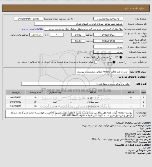 استعلام خرید 3 قلم Needle valve مطابق مشخصات پیوست