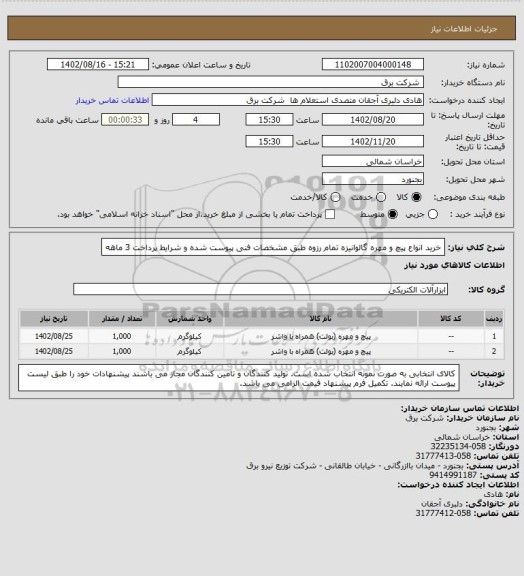 استعلام خرید انواع پیچ و مهره گالوانیزه تمام رزوه طبق مشخصات فنی پیوست شده و شرایط پرداخت 3 ماهه