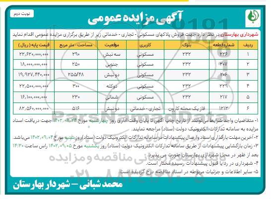 مزایده فروش پلاکهای مسکونی -تجاری - خدماتی نوبت دوم