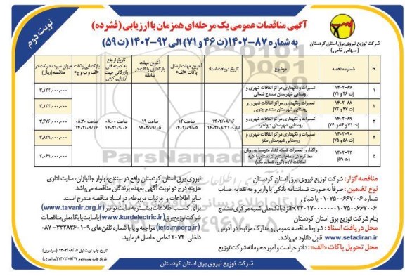 مناقصه تعمیرات و نگهداری مراکز اتفاقات شهری و روستایی و واگذاری تعمیرات شبکه فشار متوسط نوبت دوم 