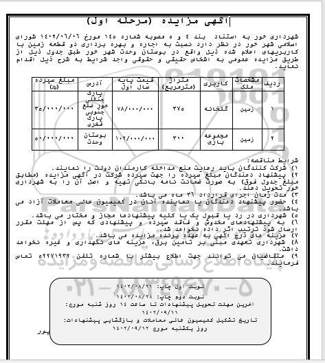 مزایده اجاره و بهره برداری دو قطعه زمین با کابری گلخانه و مجموعه بازی
