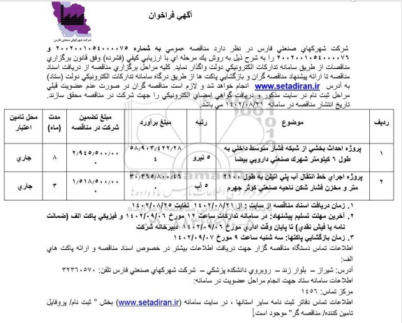 مناقصه پروژه احداث بخشی از شبکه فشار متوسط داخلی ....