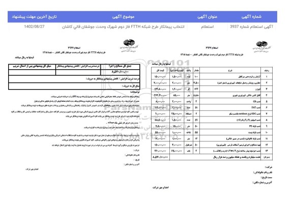 استعلام انتخاب پیمانکار طرح شبکه FTTH فاز دوم 