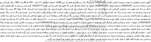 آگهی مزایده ششدانگ یک دستگاه پژو هاچ بک تیپ 206ب