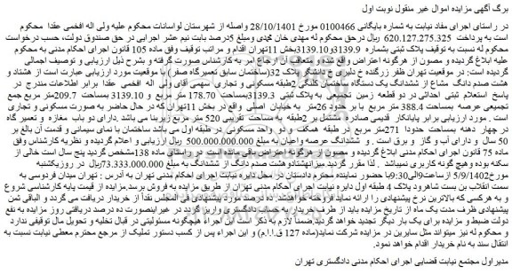 مزایده فروش هشتاد و هشت صدم دانگ مشاع از ششدانگ یک دستگاه ساختمان کلنگی 2طبقه مسکونی و تجاری