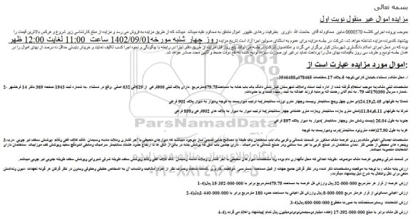 مزایده فروش شش دانگ یک باب خانه به مساحت479.75مترمربع ،دارای پلاک ثبتی 900فرعی  از 629الی 632 اصلی 
