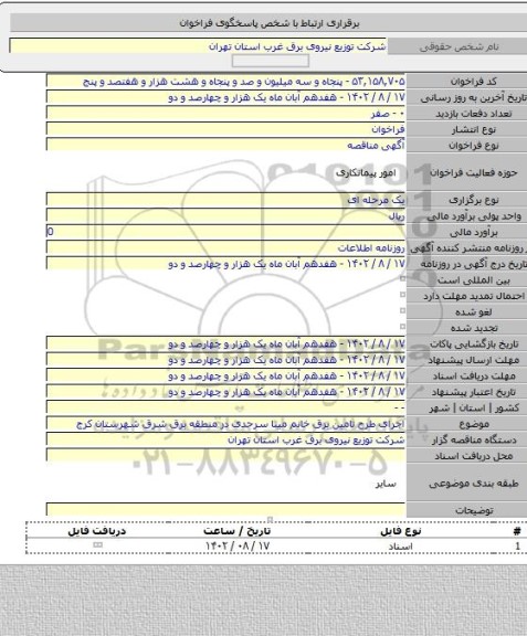 مناقصه, اجرای طرح تامین برق خانم مینا سرحدی در منطقه برق شرق شهرستان کرج