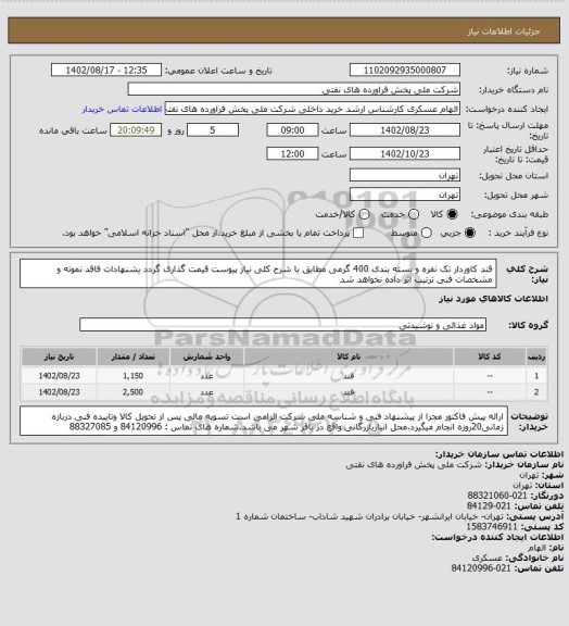 استعلام قند کاوردار تک نفره و بسته بندی 400 گرمی 
مطابق با شرح کلی نیاز پیوست قیمت گذاری گردد یشنهادات فاقد نمونه و مشخصات فنی ترتیب اثر داده نخواهد شد