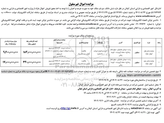 مزایده فروش ششدانگ دو باب ملک با کاربری مسکونی 