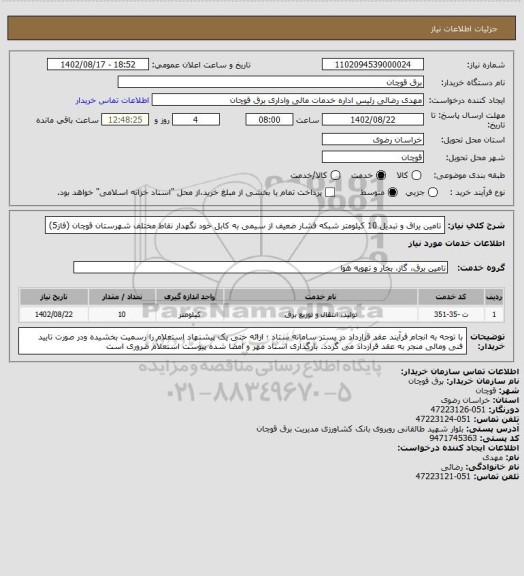 استعلام تامین یراق و تبدیل 10 کیلومتر شبکه فشار ضعیف از سیمی به کابل خود نگهدار نقاط مختلف شهرستان قوچان (فاز5)