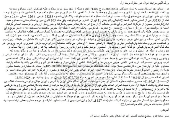 مزایده فروش ملک پلاک ثبتی بشماره 58283 فرعی از126 اصلی مفروز ومجزا شده از 3233فرعی از اصلی