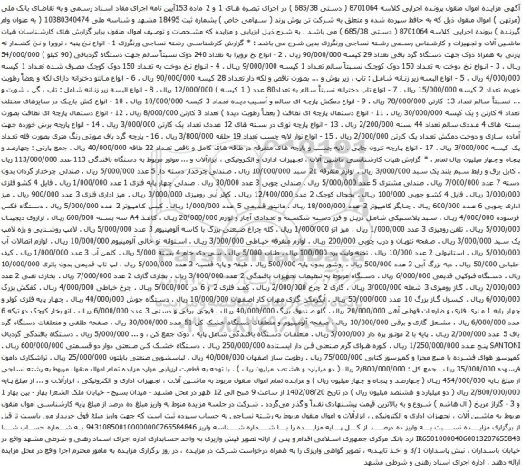 آگهی مزایده انواع نخ پنبه ، ترویرا و نخ کشدار ته پارتی به همراه دوک جهت دستگاه گرد بافی و غیره ...