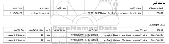 استعلام الکترونیکی، واشر لاستیکی  صفحه دستگاه گانینگ  مدل T240 -SOREN